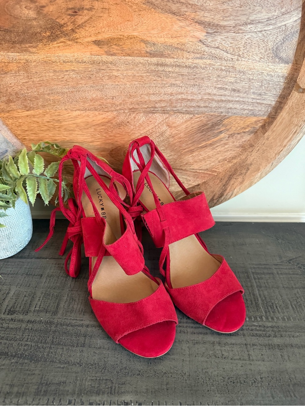 Lucky Brand Red Suede Lace-Up Heel Sandals size 8.5